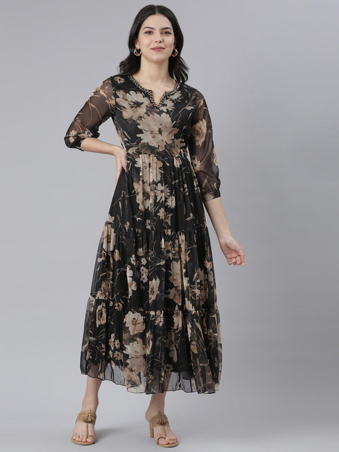 Neerus Black floral printed flared dress - front view