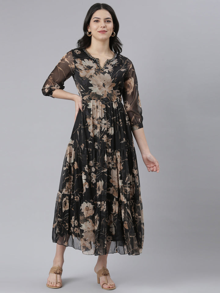 Neerus Black floral printed flared dress - front view