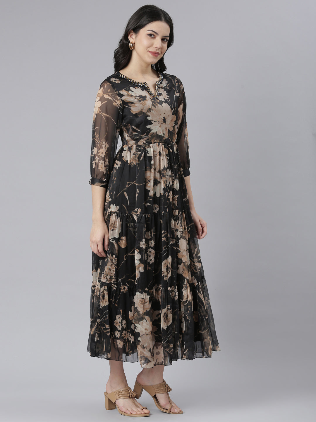Neerus Black floral printed flared dress - back view