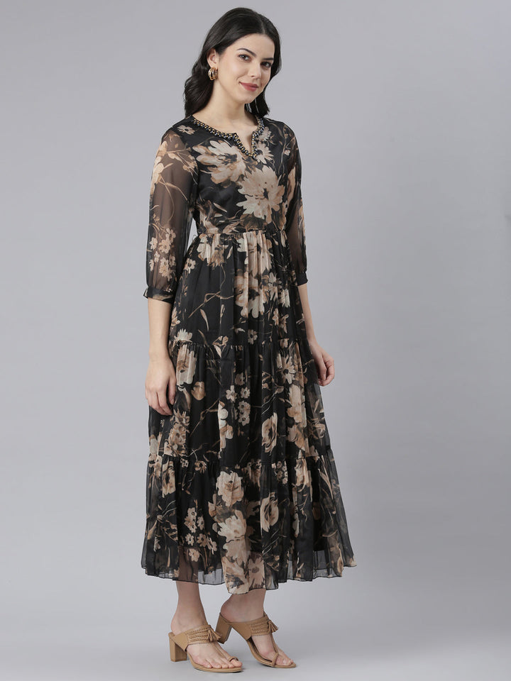Neerus Black floral printed flared dress - back view