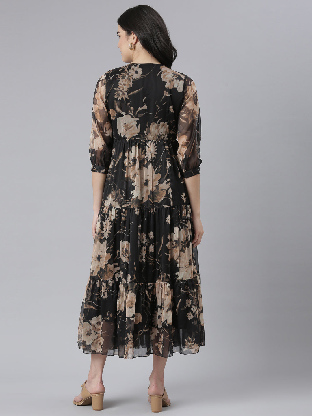 Neerus Black floral printed flared dress - side view
