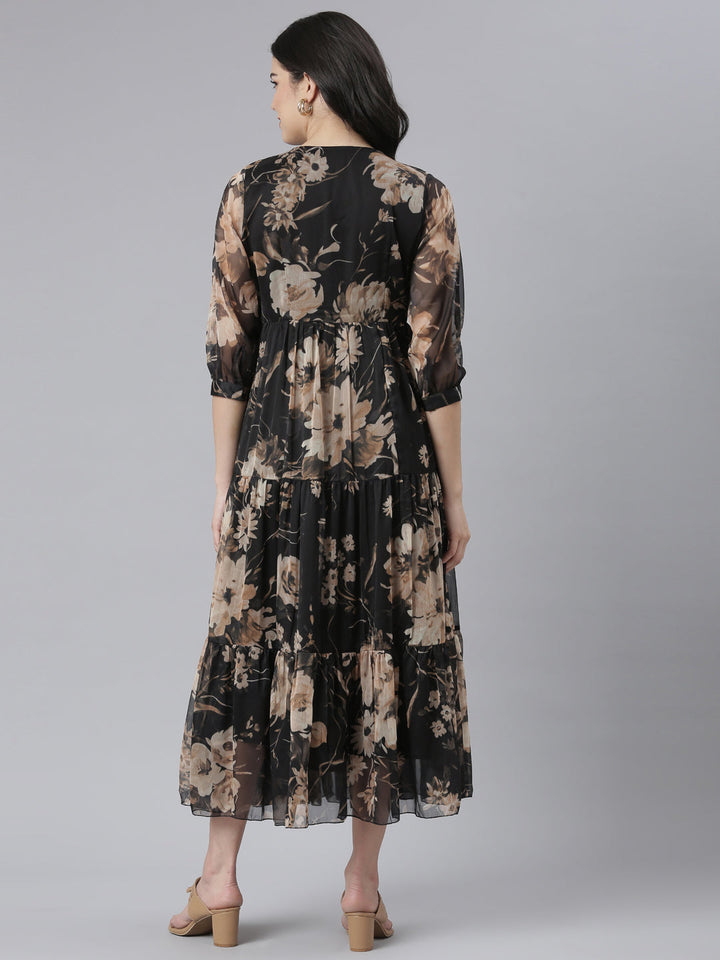 Neerus Black floral printed flared dress - side view
