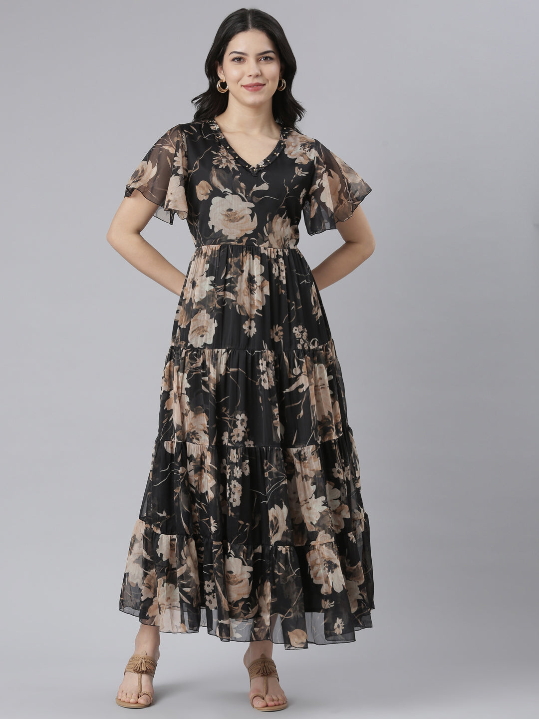 Neerus Black floral printed flared dress - front view