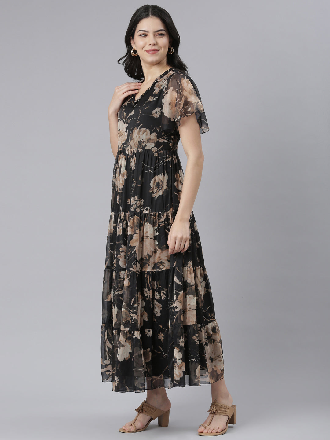 Neerus Black floral printed flared dress - back view
