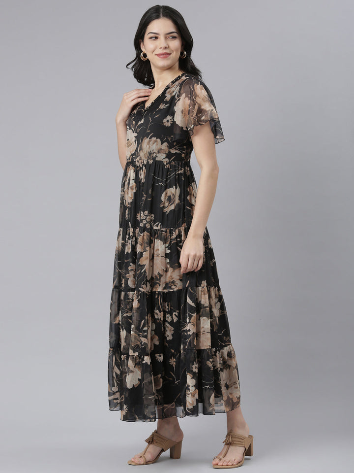 Neerus Black floral printed flared dress - back view