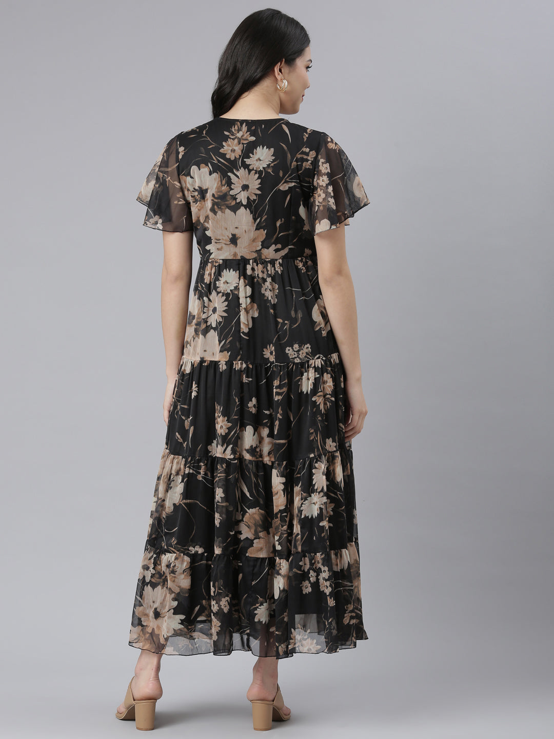 Neerus Black floral printed flared dress - side view