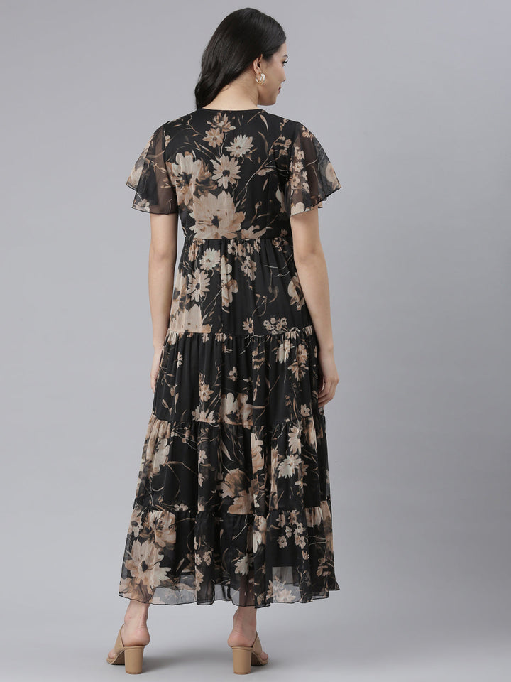 Neerus Black floral printed flared dress - side view
