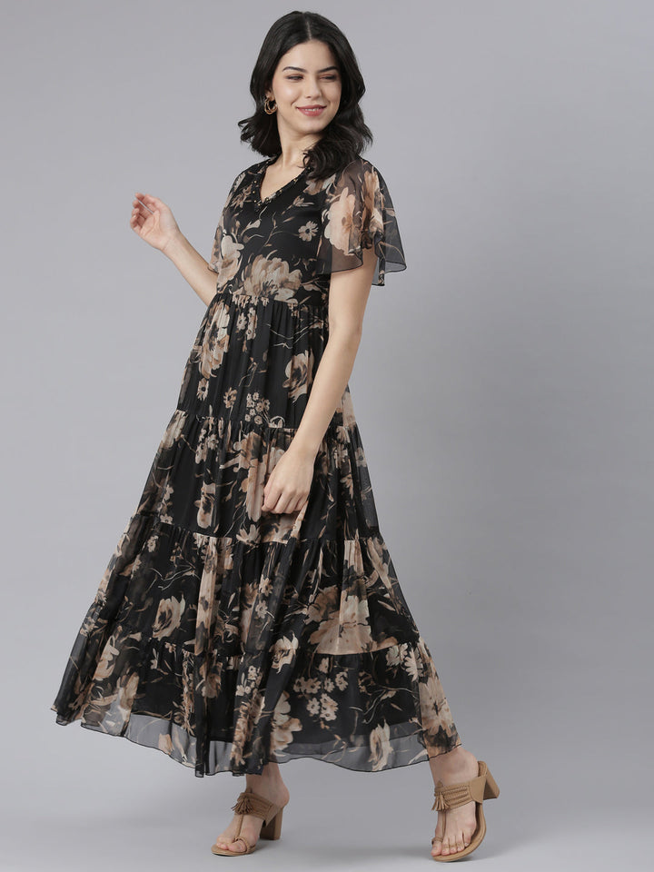 Neerus Black floral printed flared dress - detail view 2