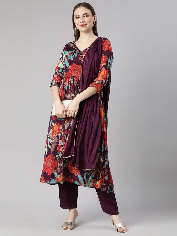 Neerus Purple printed floral straight suit set - detail view 1