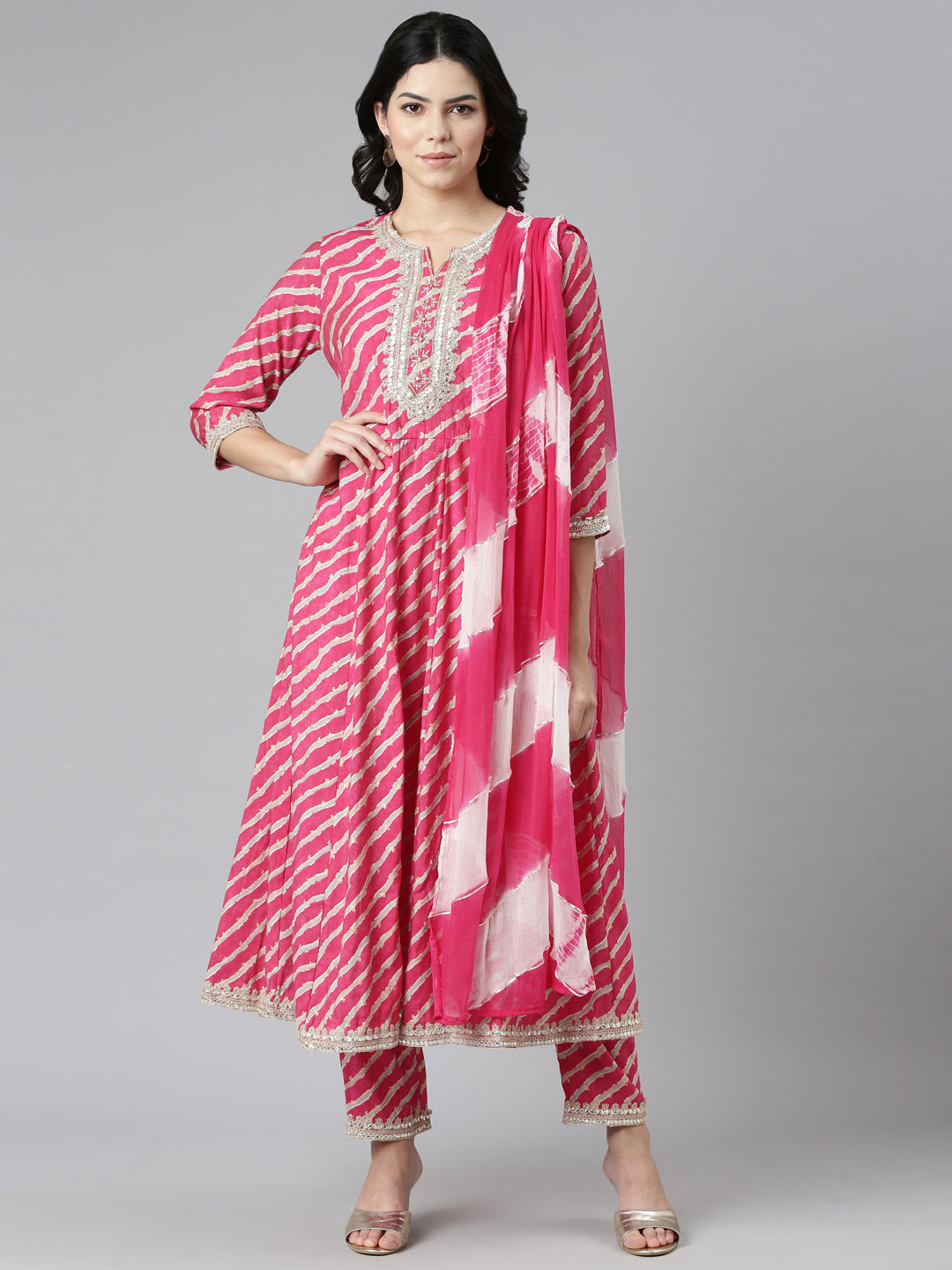 Neerus Pink printed straight kurta set with trouser and dupatta - front view