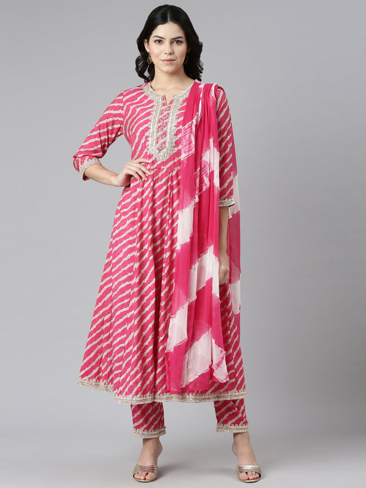 Neerus Pink printed straight kurta set with trouser and dupatta - front view