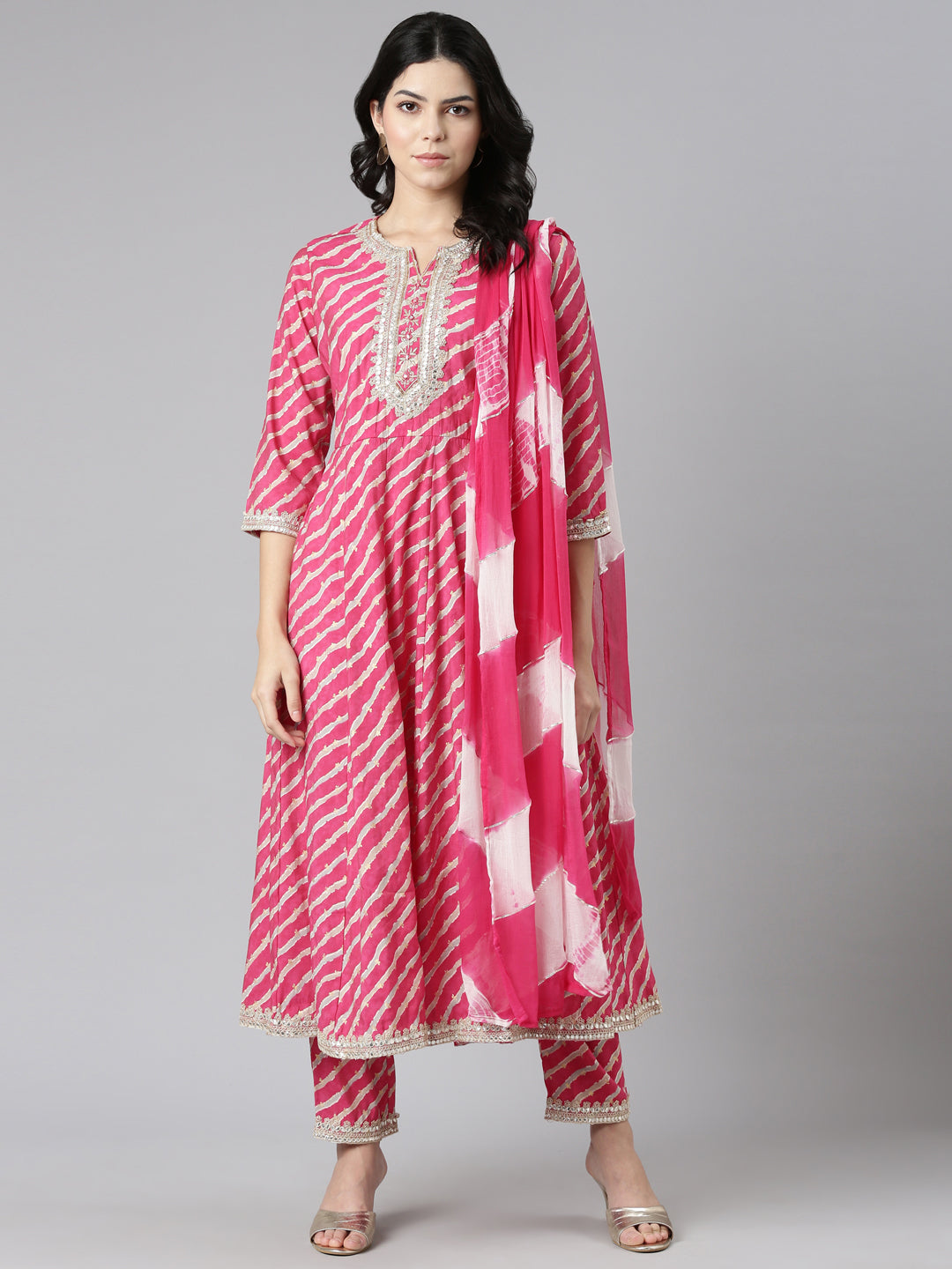 Neerus Pink printed straight kurta set with trouser and dupatta - detail view 2