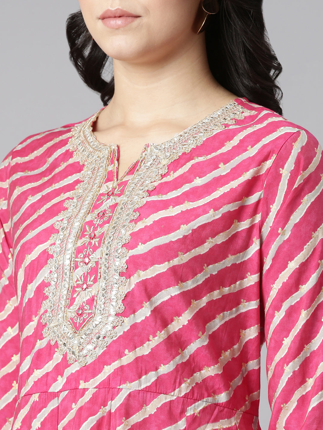 Neerus Pink printed straight kurta set with trouser and dupatta - detail view 1