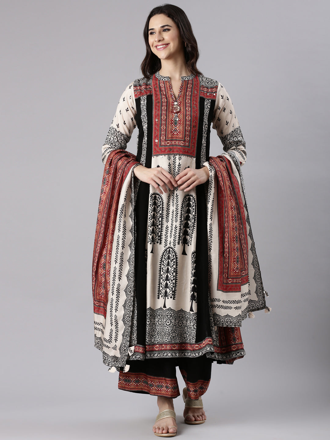 Neerus Beige muslin printed suit set with palazzo - front view