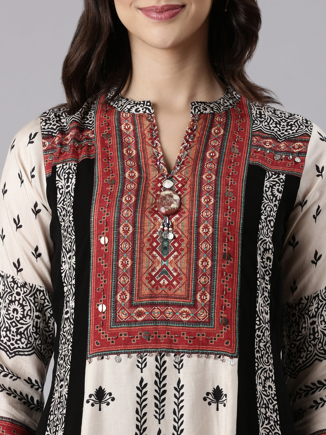 Neerus Beige muslin printed suit set with palazzo - detail view 1