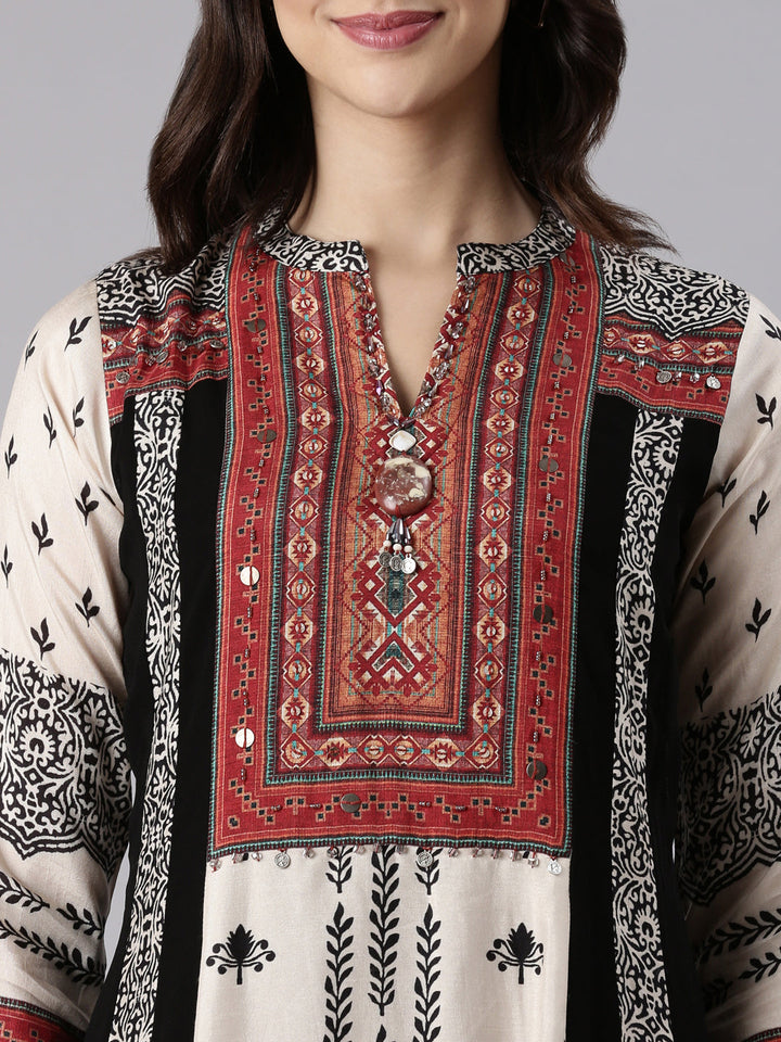 Neerus Beige muslin printed suit set with palazzo - detail view 1