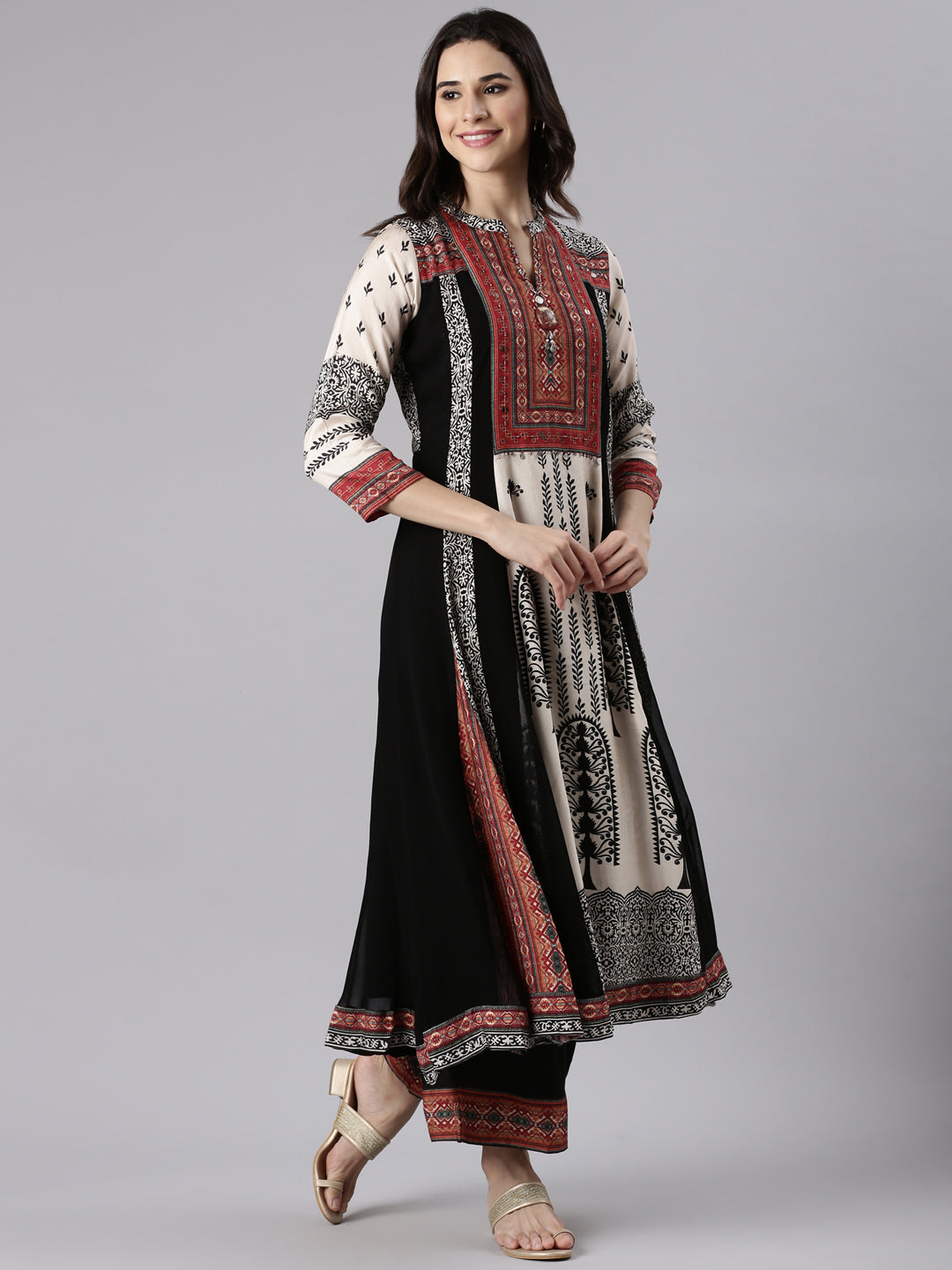 Neerus Beige muslin printed suit set with palazzo - back view