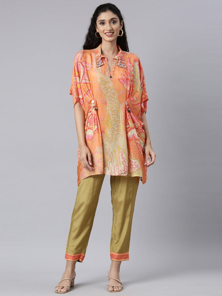 Neerus Orange muslin straight kurta set - front view