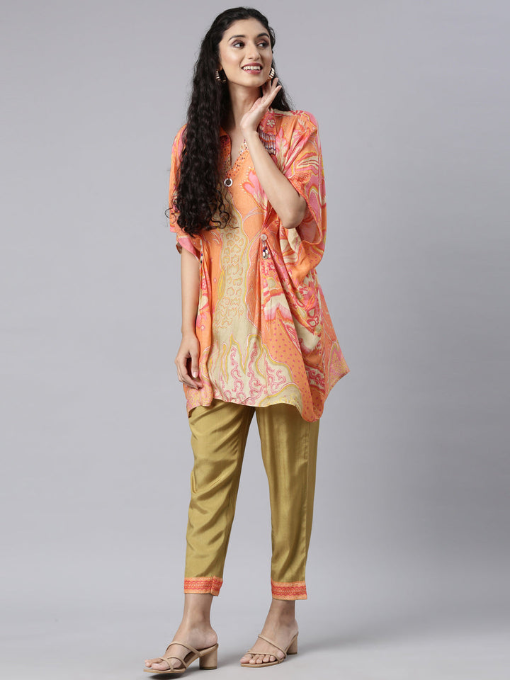 Neerus Orange muslin straight kurta set - detail view 1