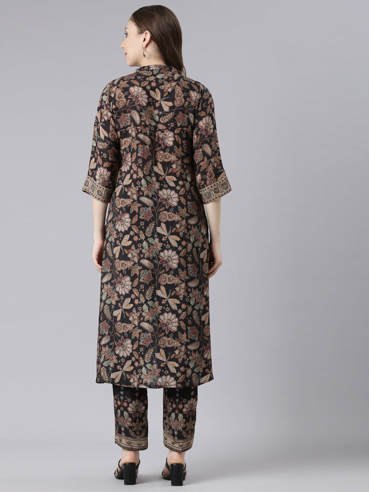 Neerus Black muslin printed kurta set - detail view 1