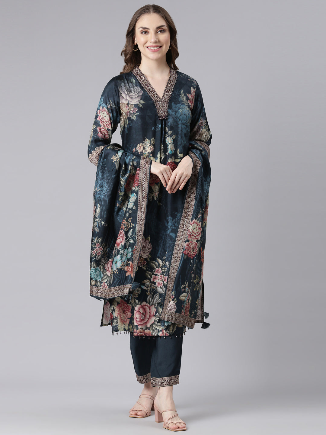 Neerus Blue Chinon Printed Suit Set - front view