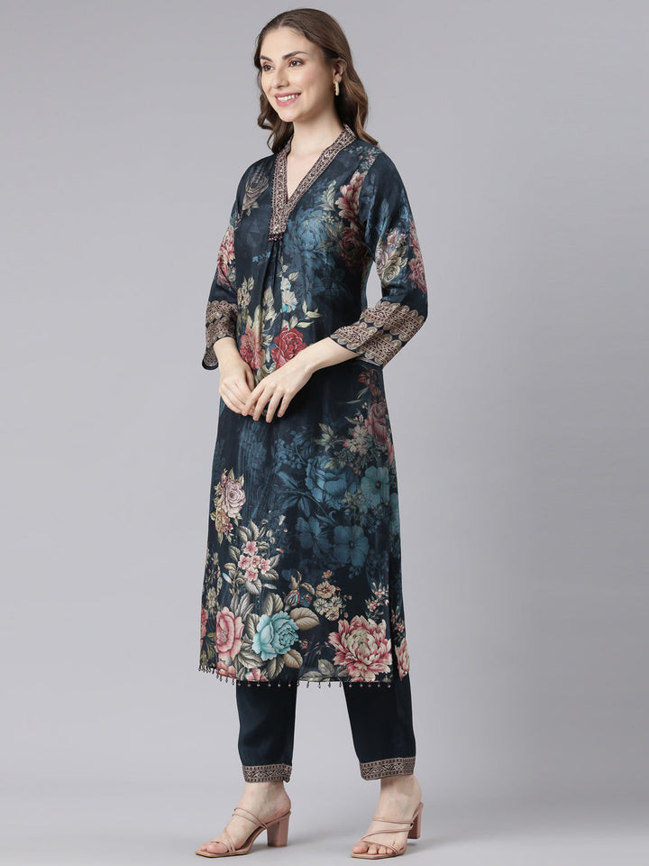 Neerus Blue Chinon Printed Suit Set - back view