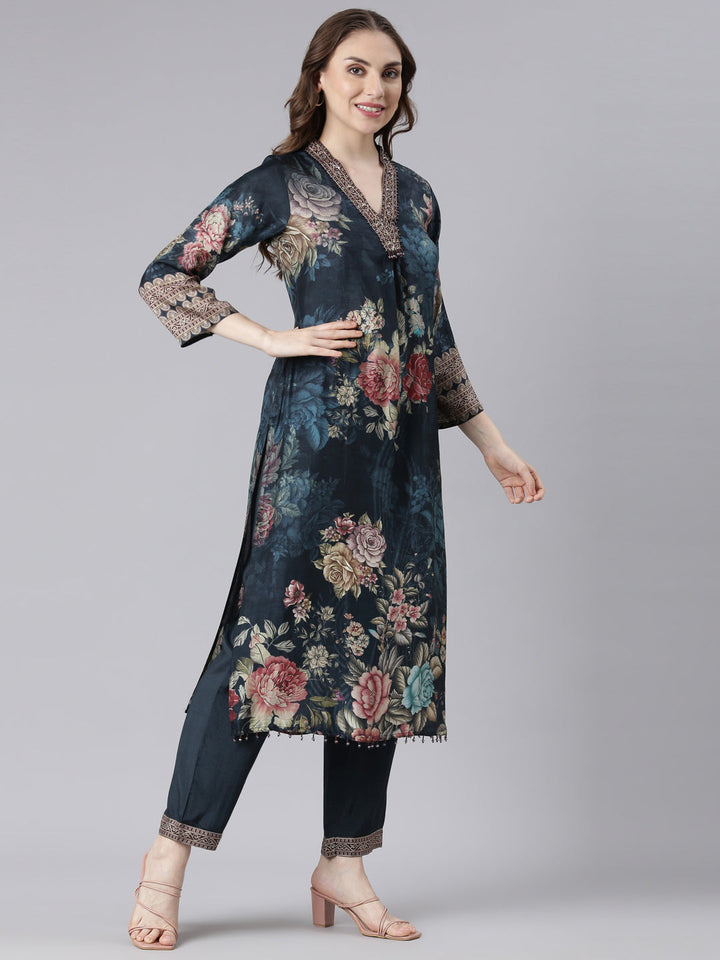 Neerus Blue Chinon Printed Suit Set - side view