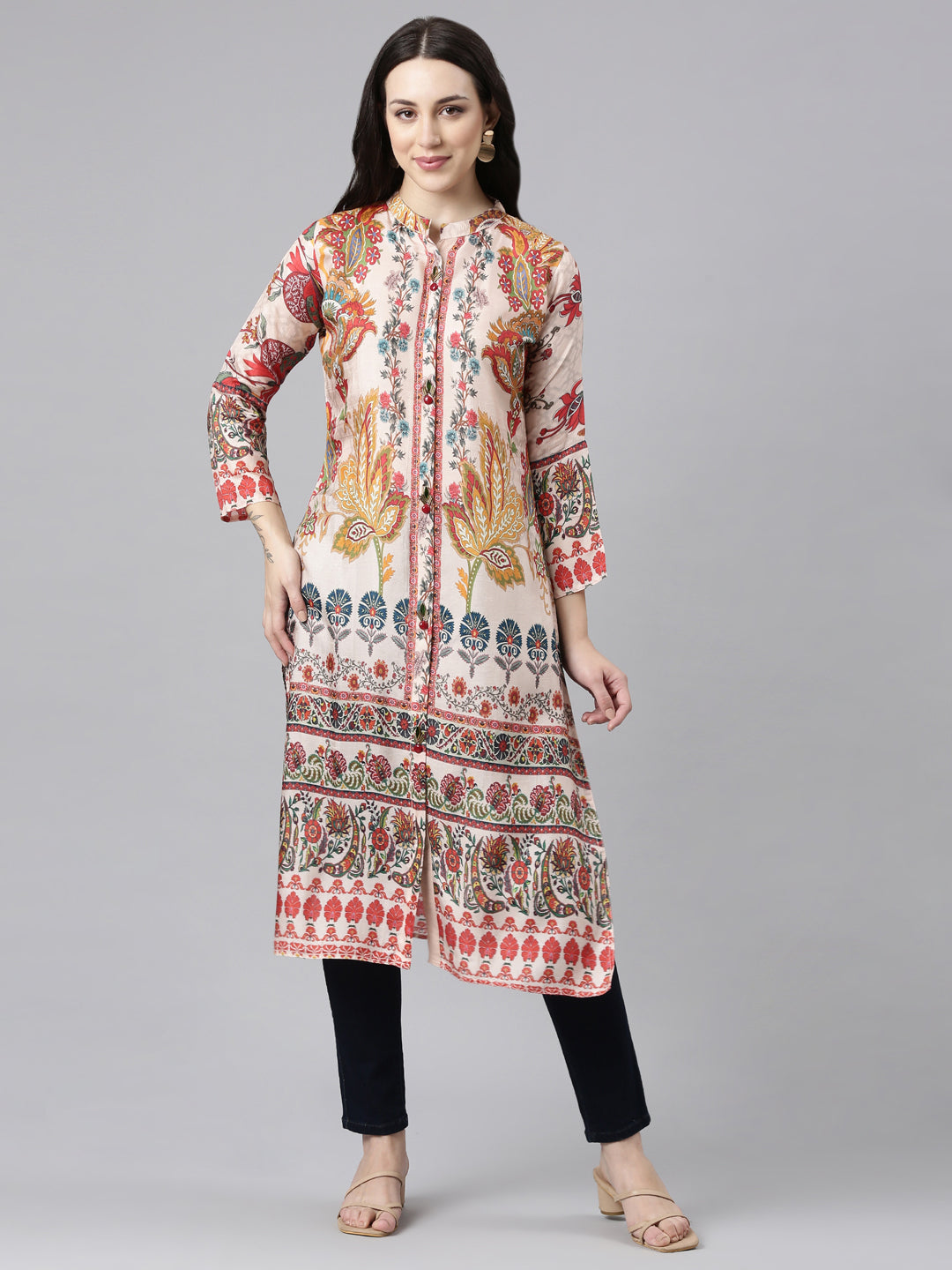 Neerus Pink chinon printed straight kurta - front view