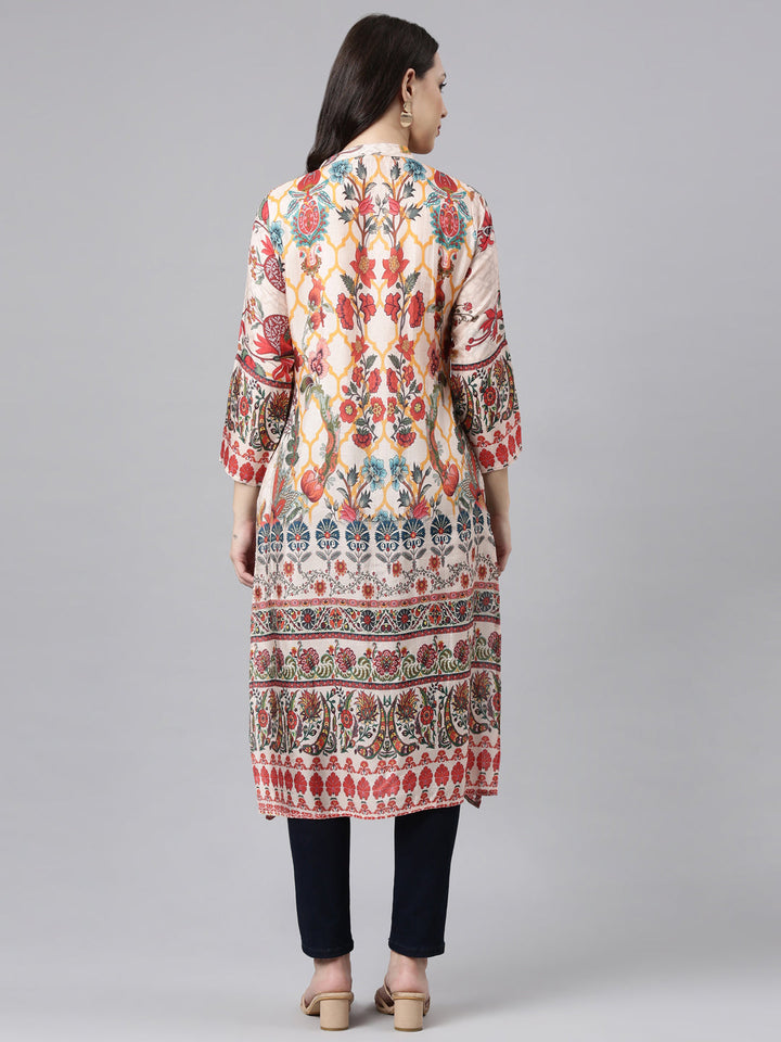 Neerus Pink chinon printed straight kurta - side view