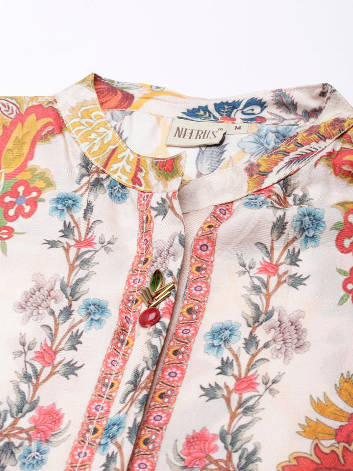 Neerus Pink chinon printed straight kurta - detail view 1