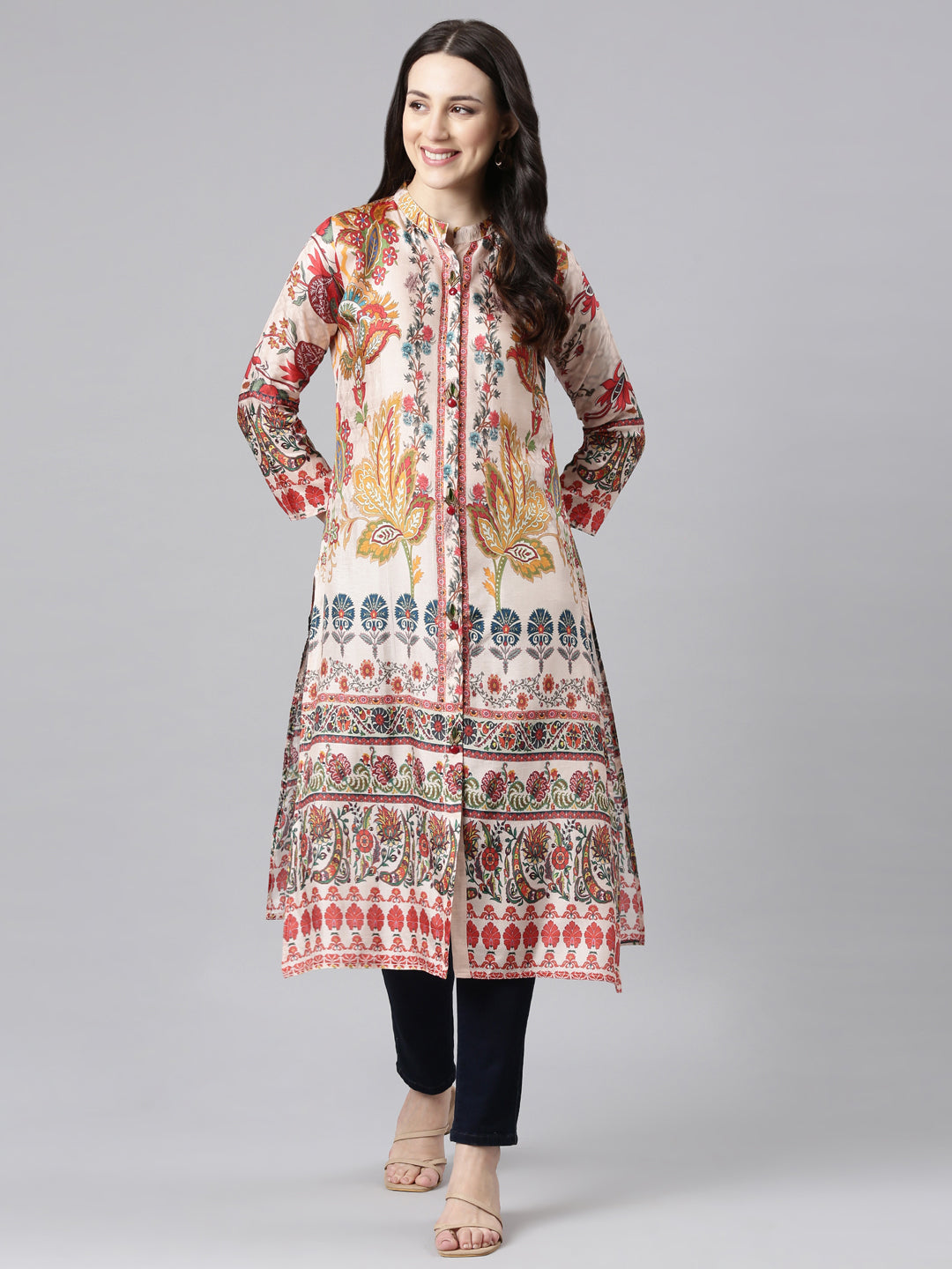 Neerus Pink chinon printed straight kurta - detail view 2