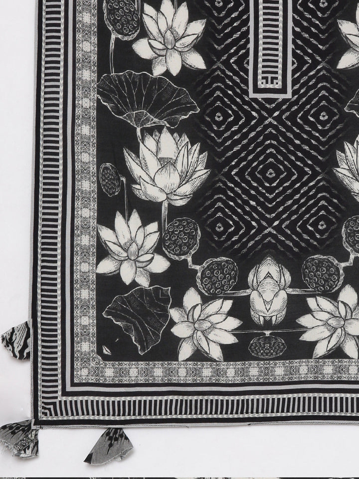 Neerus Black muslin straight suit set panelled kurta with trousers - detail view 4
