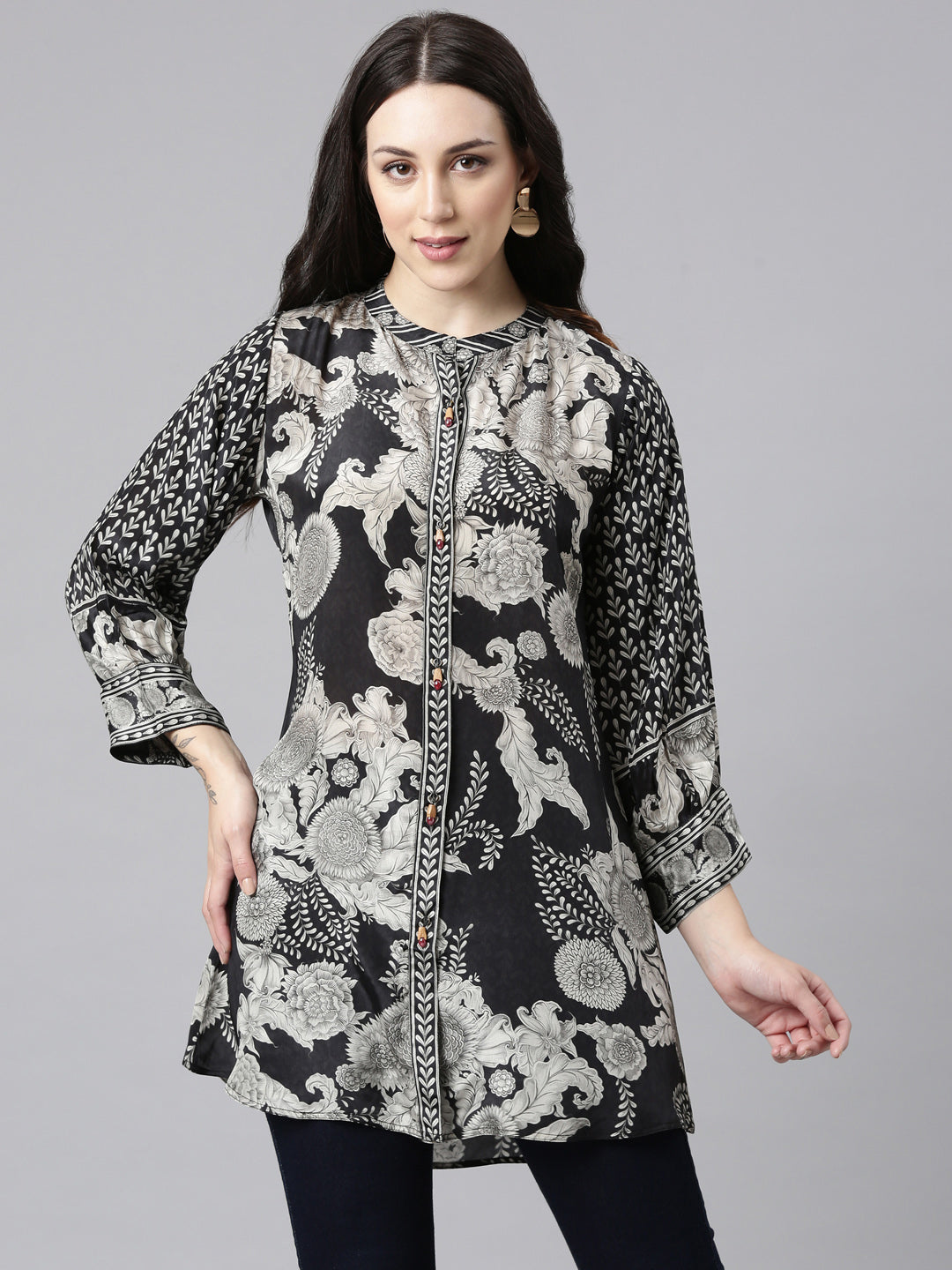 Neerus Black crepe printed high-low kurti - front view