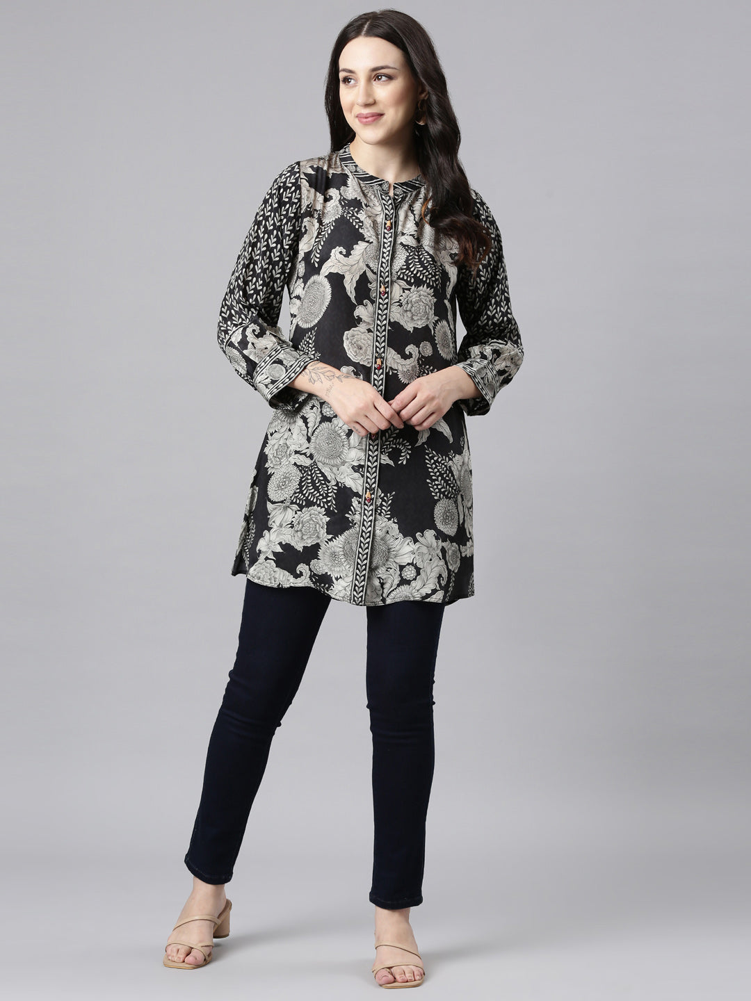 Neerus Black crepe printed high-low kurti - detail view 2