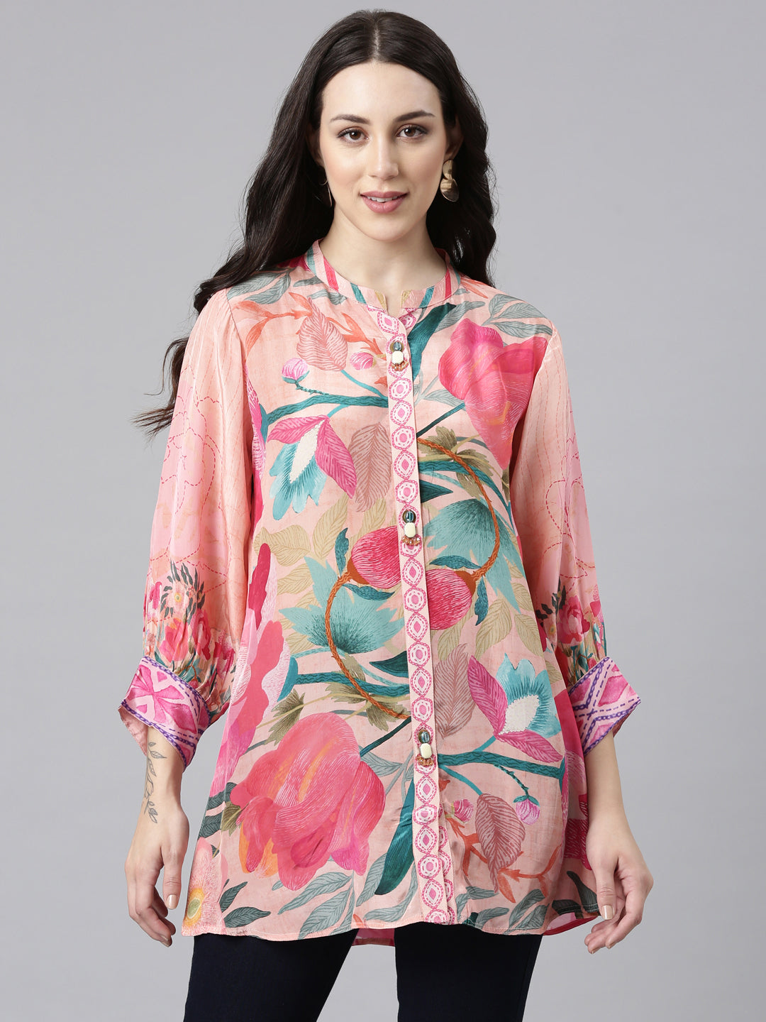 Neerus Pink crepe printed high-low kurti - front view
