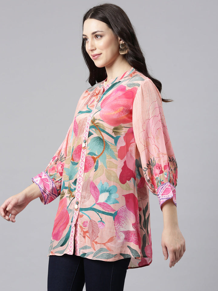 Neerus Pink crepe printed high-low kurti - back view