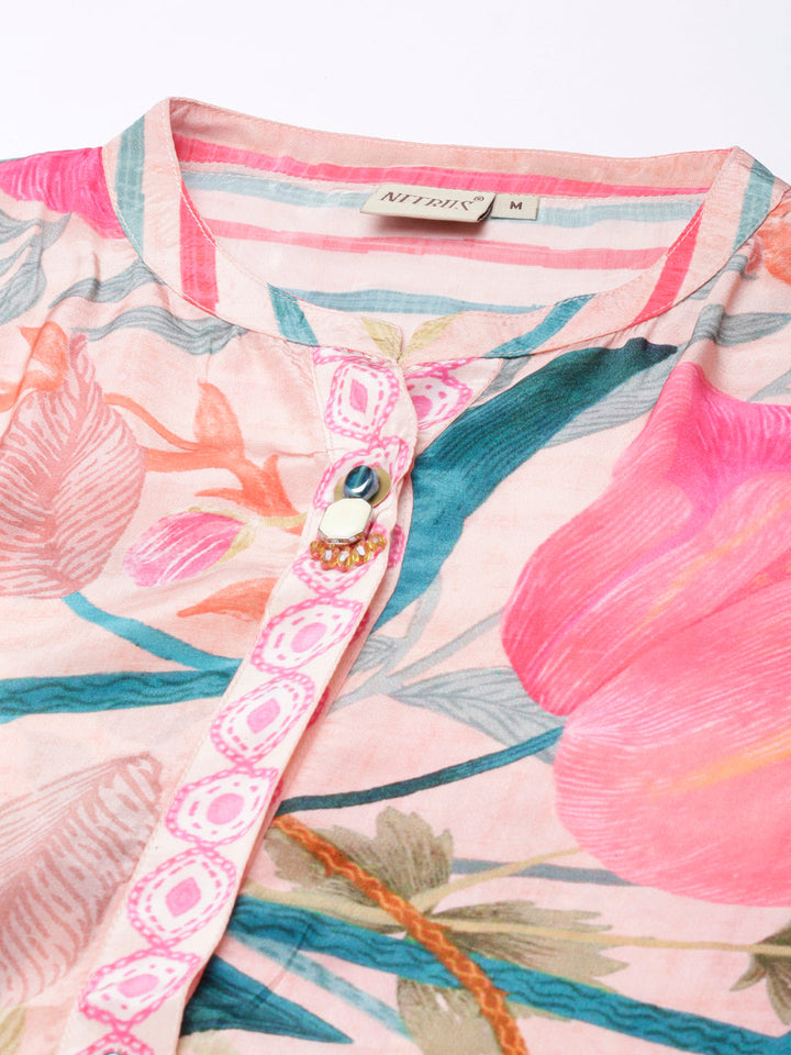Neerus Pink crepe printed high-low kurti - detail view 1