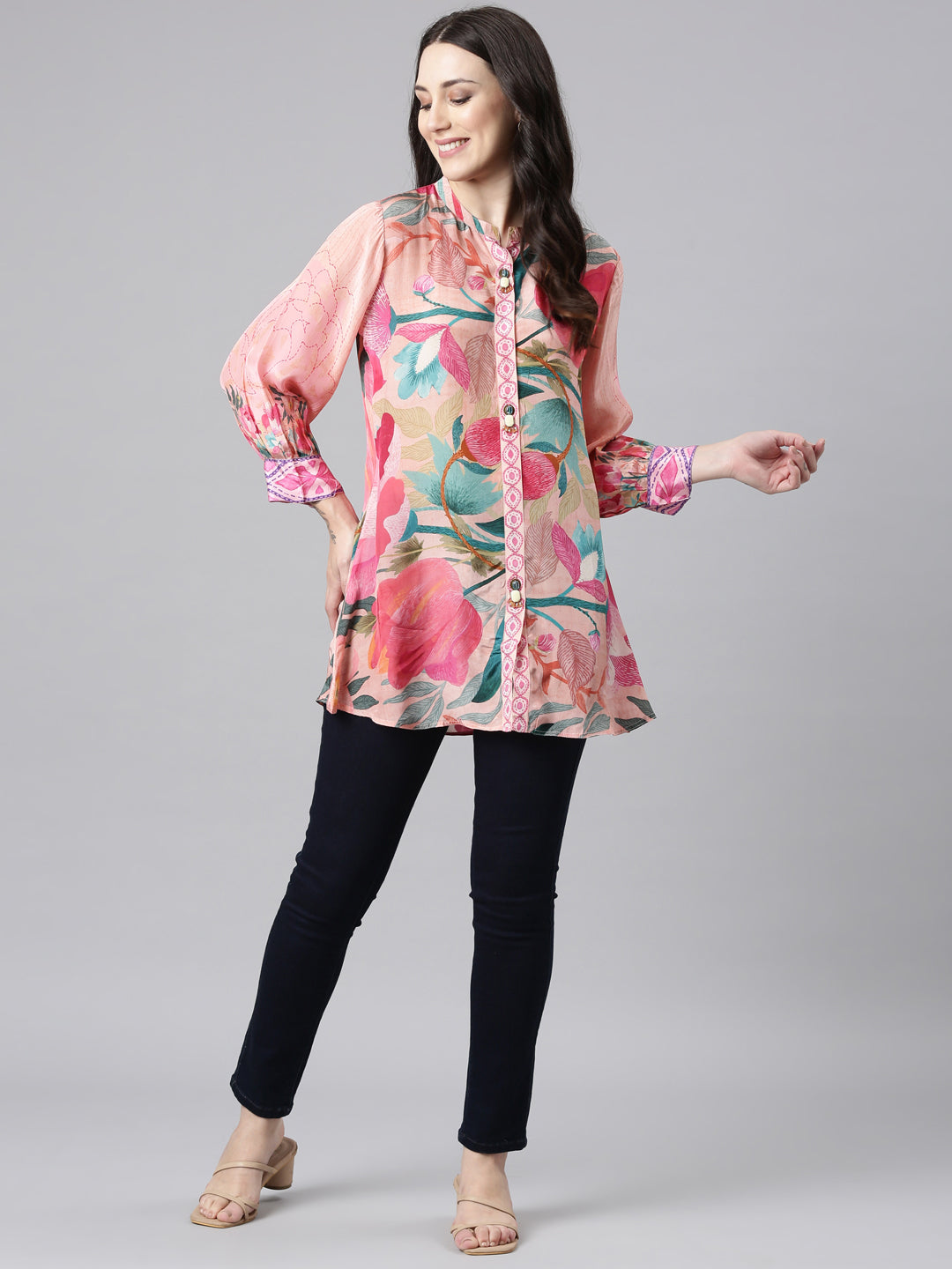 Neerus Pink crepe printed high-low kurti - detail view 2