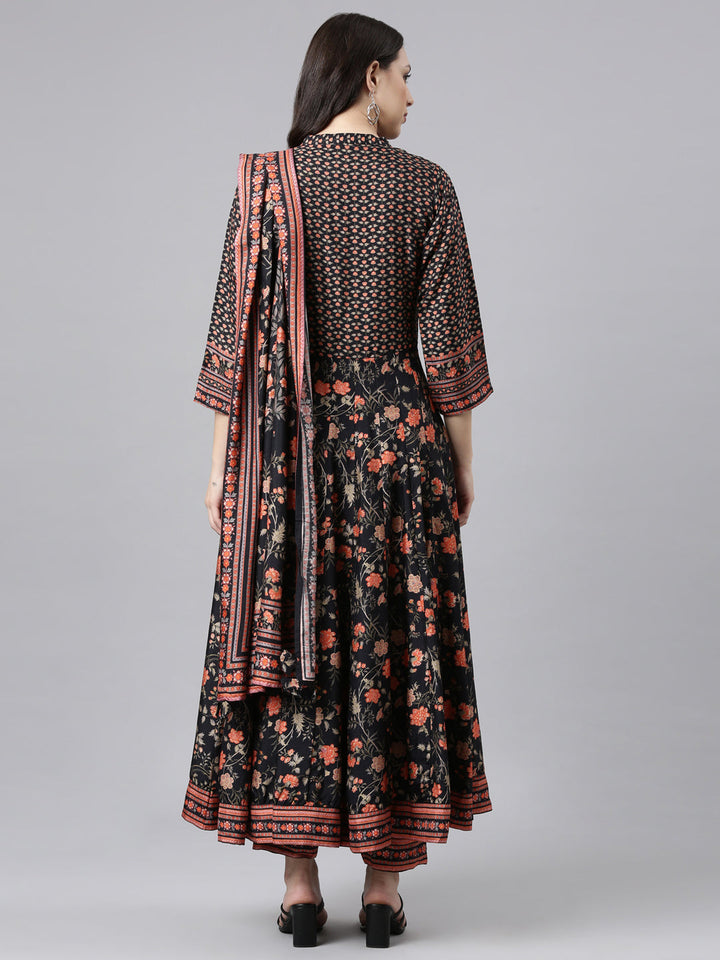 Neerus Black Regular Anarkali Kurta and Trousers With Dupatta