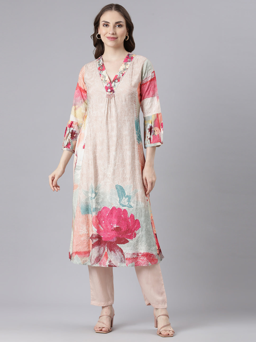 Neerus Multi chinon printed kurta set floral straight silhouette - front view