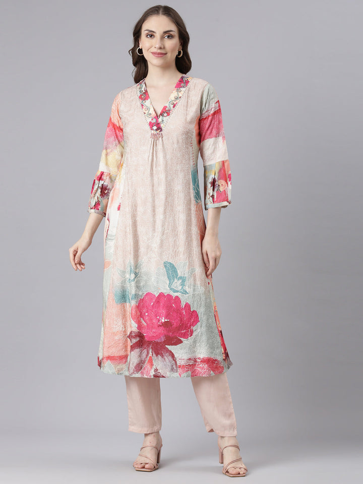 Neerus Multi chinon printed kurta set floral straight silhouette - front view