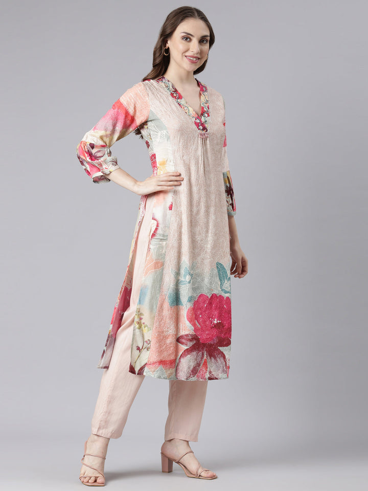 Neerus Multi chinon printed kurta set floral straight silhouette - side view