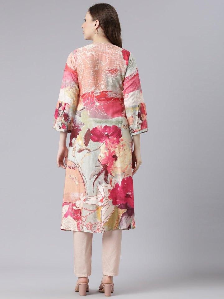 Neerus Multi chinon printed kurta set floral straight silhouette - detail view 1