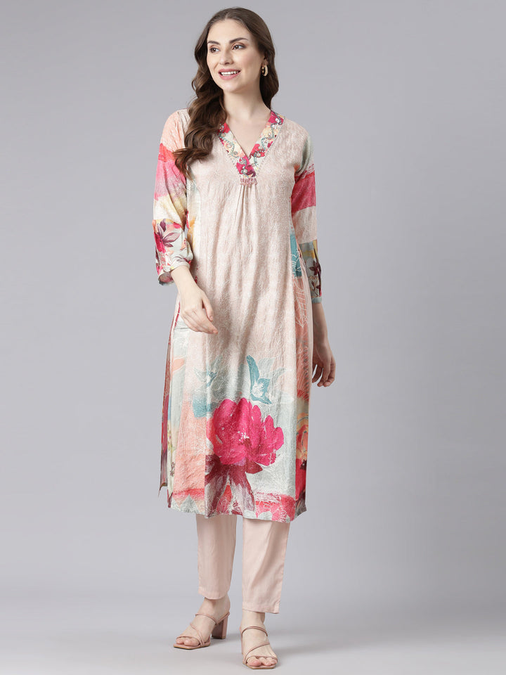 Neerus Multi chinon printed kurta set floral straight silhouette - detail view 3