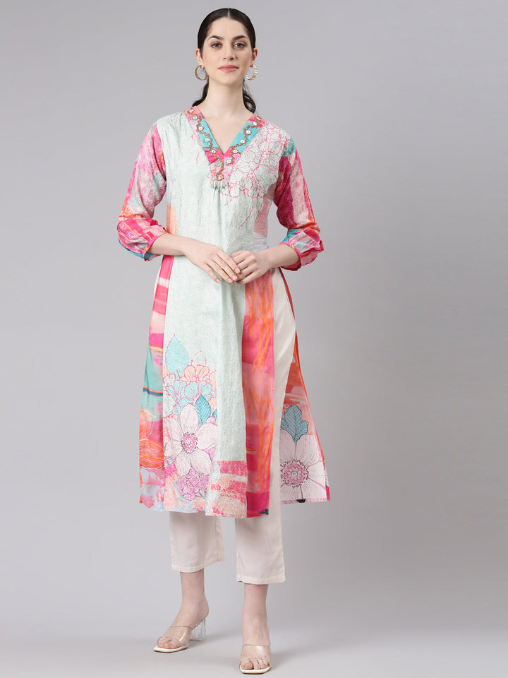Neerus Multi muslin printed kurta set with trousers - front view