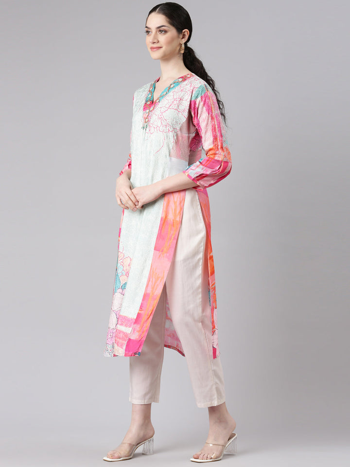 Neerus Multi muslin printed kurta set with trousers - back view
