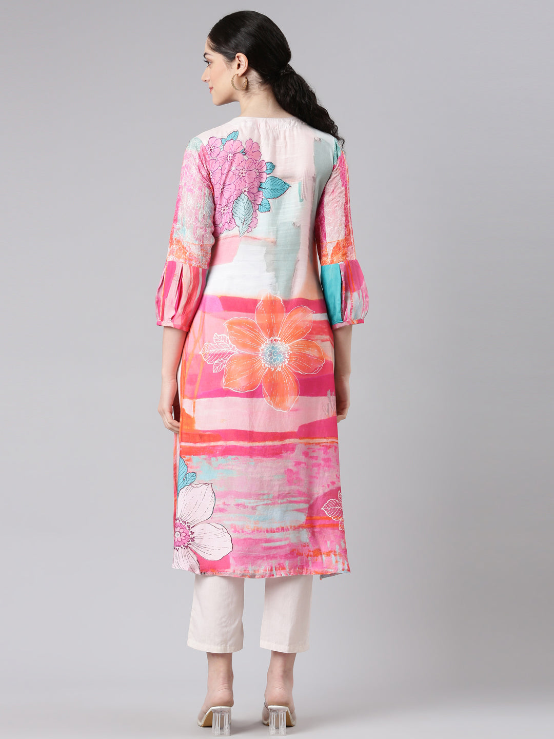 Neerus Multi muslin printed kurta set with trousers - side view