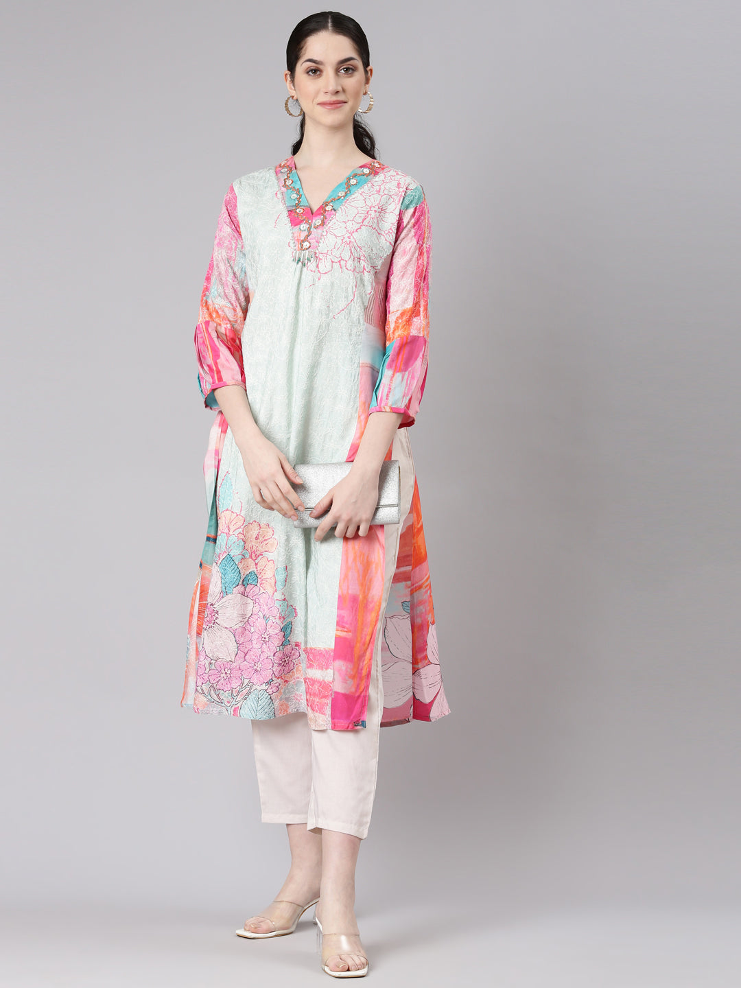 Neerus Multi muslin printed kurta set with trousers - detail view 2
