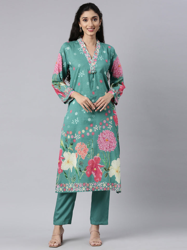 Neerus Green Panelled Straight Kurta and Trousers