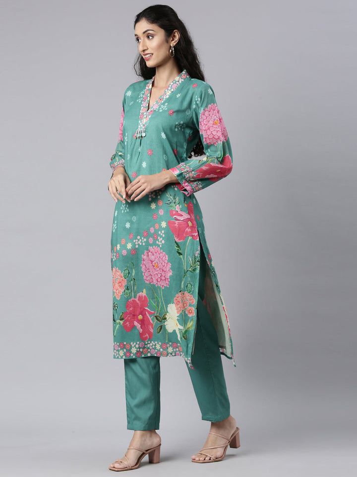 Neerus Green Panelled Straight Kurta and Trousers